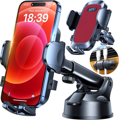 HTU [True Military-Grade] 2025 Upgraded Car Phone Holder 【Safety Certs & No Smell】 Cell Phone Holder for Car Mount for Dashboard Windshield Air Vent Long Arm Thick Case,Red