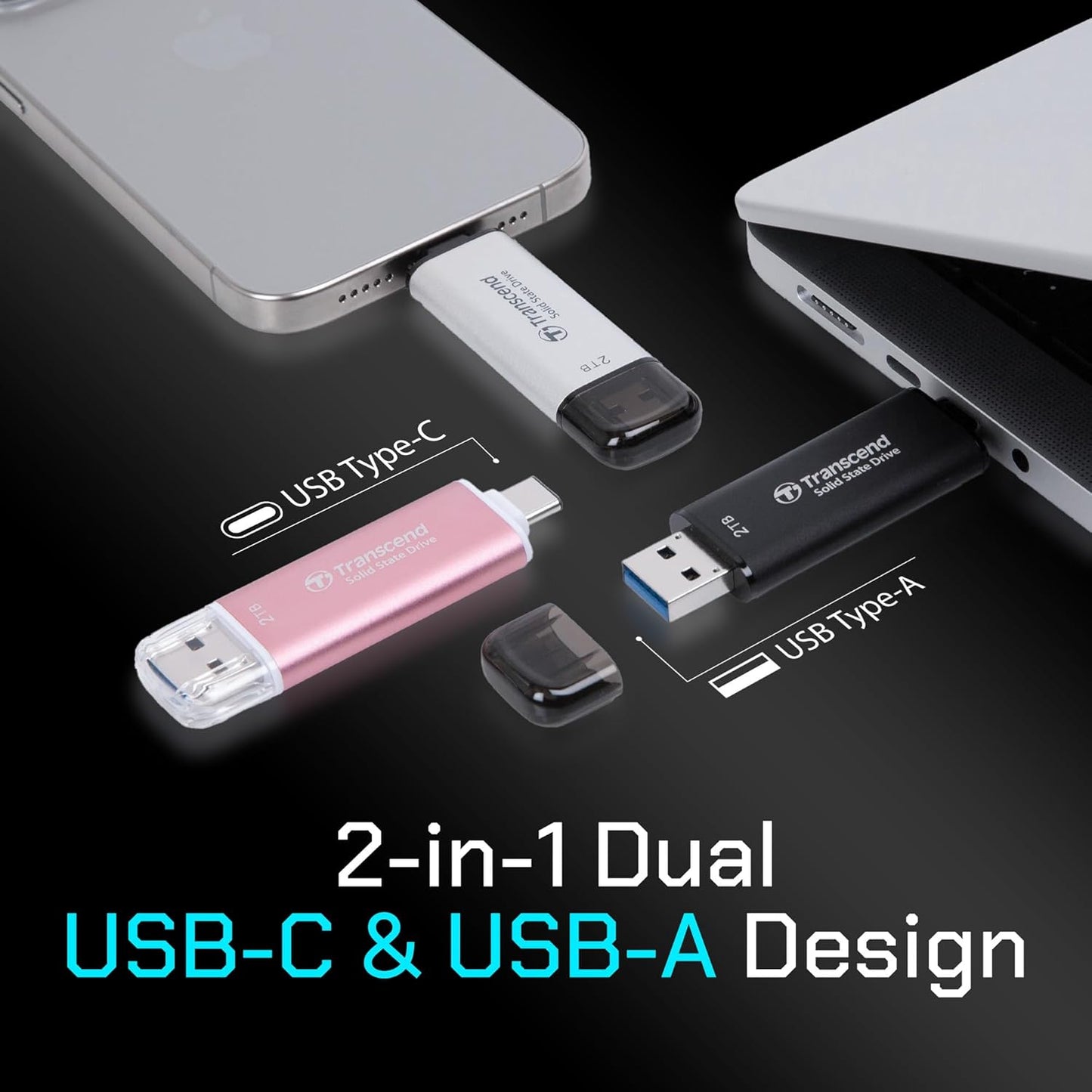 Transcend 256GB External SSD, Up to 1,050MB/s, Dual USB Flash Drive for iPhone&iPad&Mac, Windows&Android, Tablet&PC, Smart TV, USB 3.2 Gen 2 Thumb Drive Photo Stick, 2-in-1 Type C &Type A Memory Stick