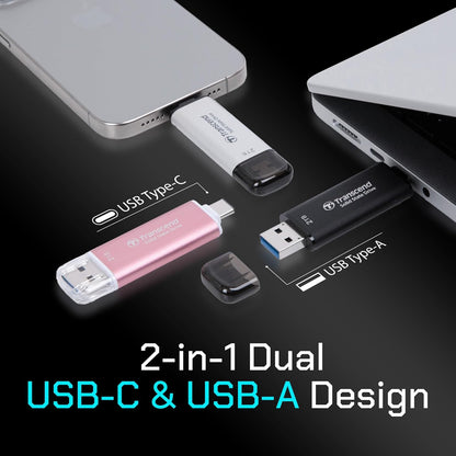 Transcend 256GB External SSD, Up to 1,050MB/s, Dual USB Flash Drive for iPhone&iPad&Mac, Windows&Android, Tablet&PC, Smart TV, USB 3.2 Gen 2 Thumb Drive Photo Stick, 2-in-1 Type C &Type A Memory Stick