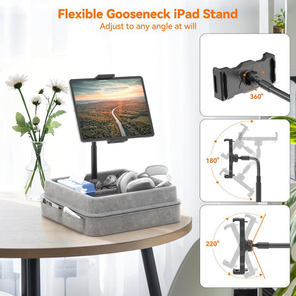KDD Tablet Pillow Holder - 360°Adjustable iPad Pillow Stand for Lap, Bed and Desk - Gooseneck Tablet Soft Pad Dock with Storage Tray and Pocket Compatible with iPad Pro 12.9, Air Mini, Phone, E-Reader