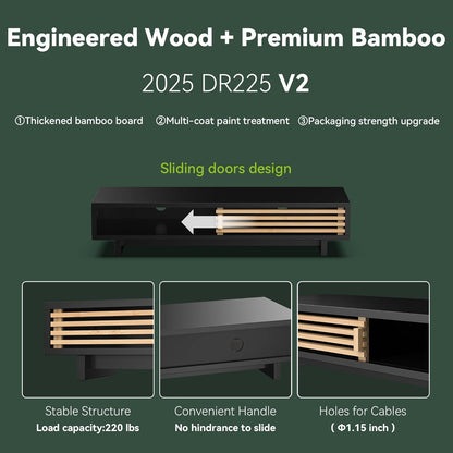 Monitor Stand Riser with Sliding Door, Computer Laptop Stand Desk Shelf Organizer with Storage (Black + Natural Bamboo, 25 Inch)