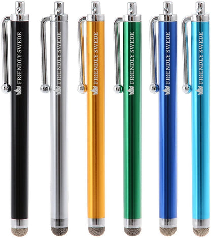 The Friendly Swede Micro-Knit Stylus Pen for Touchscreen — 6-Pack Hybrid Fiber Tip Universal Capacitive Stylus Pen for iPad; Lanyards & Cleaning Cloth - Silver/Aqua Blue/Green/Dark Blue/Yellow/Black