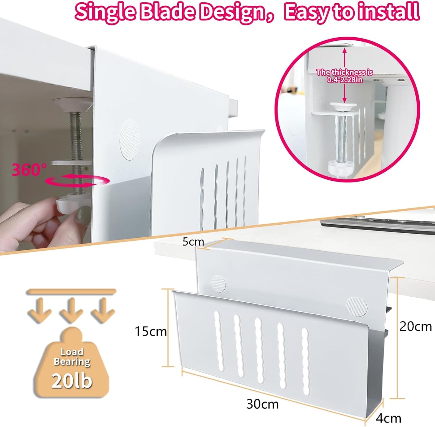 Desk Side Storage, Under Desk Storage, No Drill Steel Hanging Desk Organizer, Laptop Holder, Desk Storage Holder for Office & Home.(White)