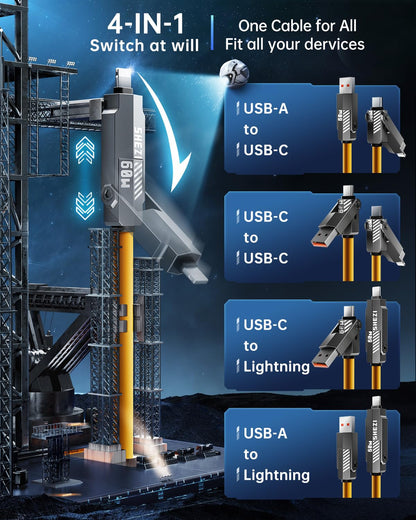 SHEZI Silicone 4 in 1 USB C Cable 60W 5FT Compatible with Lightning Cable, Fast Charging for iPhone/iPad Charger Cord [480Mbps Data Sync],Multi Charging Cable with Type C/USB A, Yellow