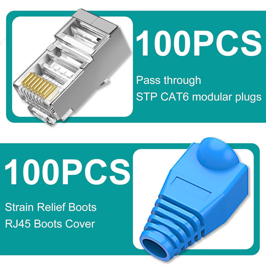 100-Pack Cat 6 Pass Through Shielded RJ45 Connectors with RJ45 Boots Cover (Cat6 Connector/ Cat5e Connector/Ethernet Ends/Cat 6 Ends/ RJ45 Modular Plugs) for Solid or Stranded STP Cable