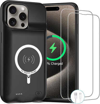 Battery Case for iPhone 15 Pro, 10000mAh Rechargeable Portable Charging Case with Wireless Charging, Compatible for iPhone 15 Pro (6.1 inch) with CarPlay, Extend Battery Pack Charger (Black)