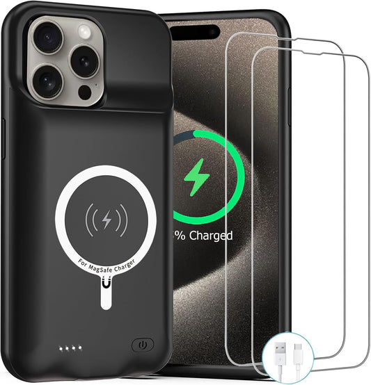 Battery Case for iPhone 15 Pro, 10000mAh Rechargeable Portable Charging Case with Wireless Charging, Compatible for iPhone 15 Pro (6.1 inch) with CarPlay, Extend Battery Pack Charger (Black)