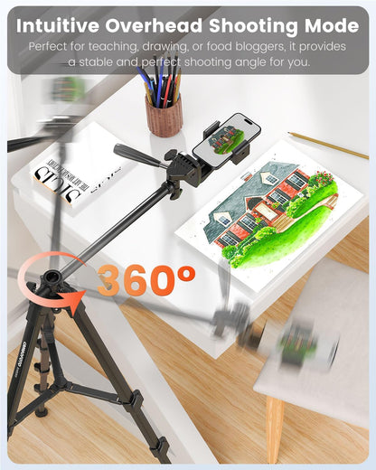 73"-Phone-Tripod-with-Horizontal-Overhead, Selfie Stick/Tall Travel Stand with Wireless Remote and iPhone Holder, Mirrorless/Compact/GoPro/Camera/Compatible/iPhone/Smartphone