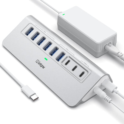 Powered USB Hub 10Gbps, intpw 9-Port USB 3.2 Hub, USB C Hub with USB A/USB C 3.2, 4 USB 3.0, 2 PD 45W Charging Ports, 65W Power Adapter and 3.3FT Cable, Aluminum USB Hub for Laptop, iPhone 16/15, PC