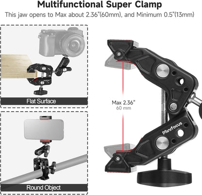 MINIFOCUS Super Clamp Camera Clamp Mount, 360° Ballhead Magic Arm with 1/4" 3/8" Port Extension Holder Adapter, Double Ball Head Adapter for Canon Nikon DSLR GoPro Action Camera Video Light