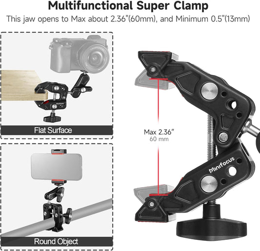 MINIFOCUS Super Clamp Camera Clamp Mount, 360° Ballhead Magic Arm with 1/4" 3/8" Port Extension Holder Adapter, Double Ball Head Adapter for Canon Nikon DSLR GoPro Action Camera Video Light