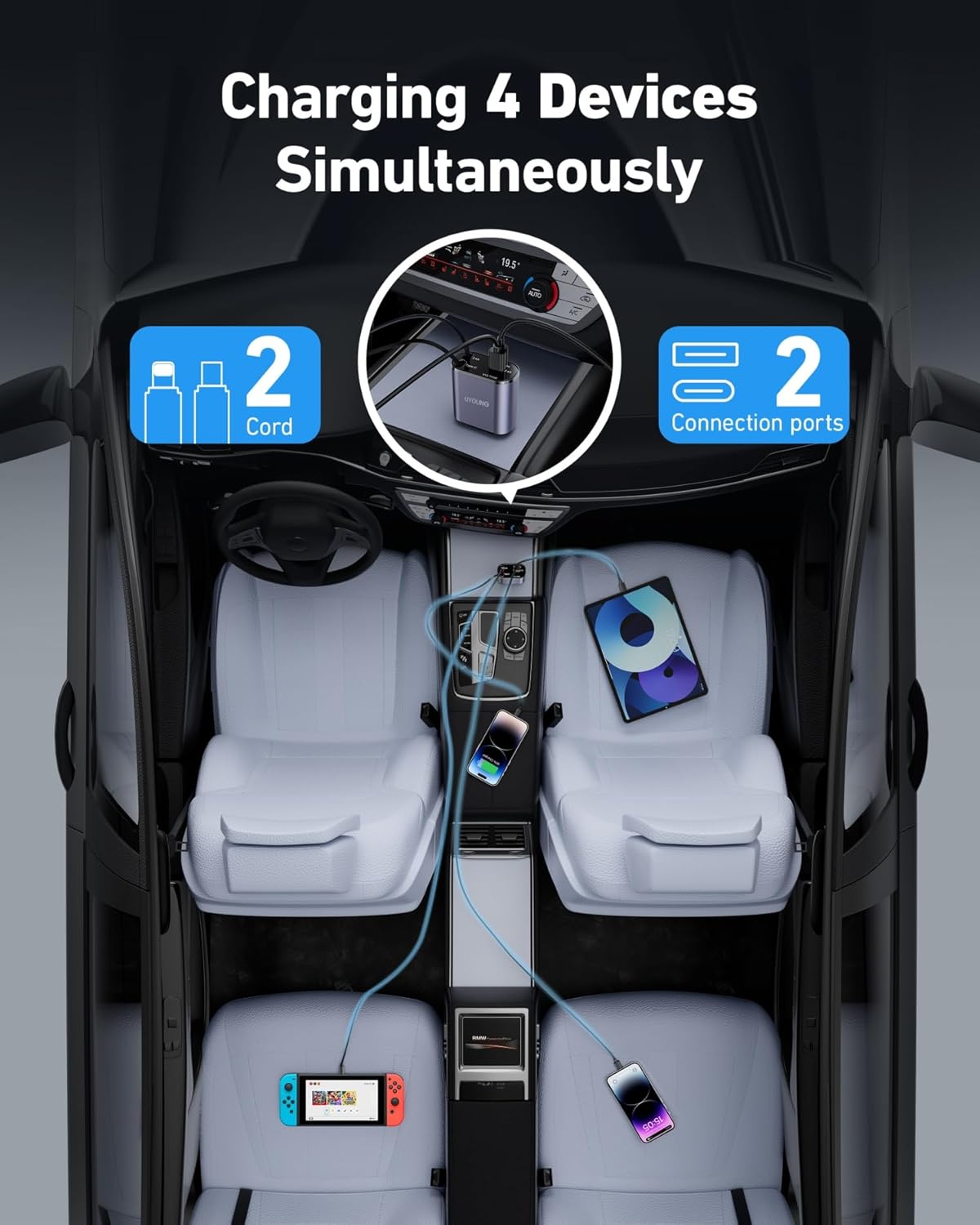 Car Phone Charger Adapter 2Pack Retractable Car Charger 4in1 Fast Charging Dual Retractable Cables 31.5 Inch Multiple Ports Charging Station Compatible with iPhone 16/15/14/13/12/11 Pro Max/Samsung