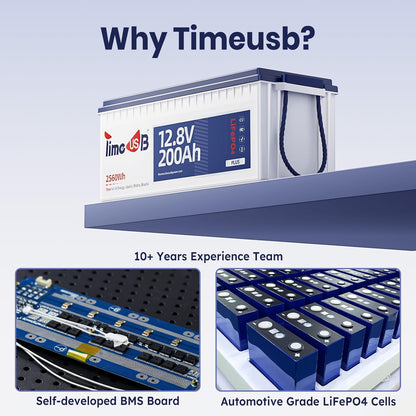 12V 200Ah Plus LiFePO4 Battery, Timeusb Lithium Battery with 200A BMS, Max. 2560W Power, 4000-15000 Deep Cycles, 10-Year Lifetime, Perfect for RV, Camping, Marine, Solar Off Grid, Backup System