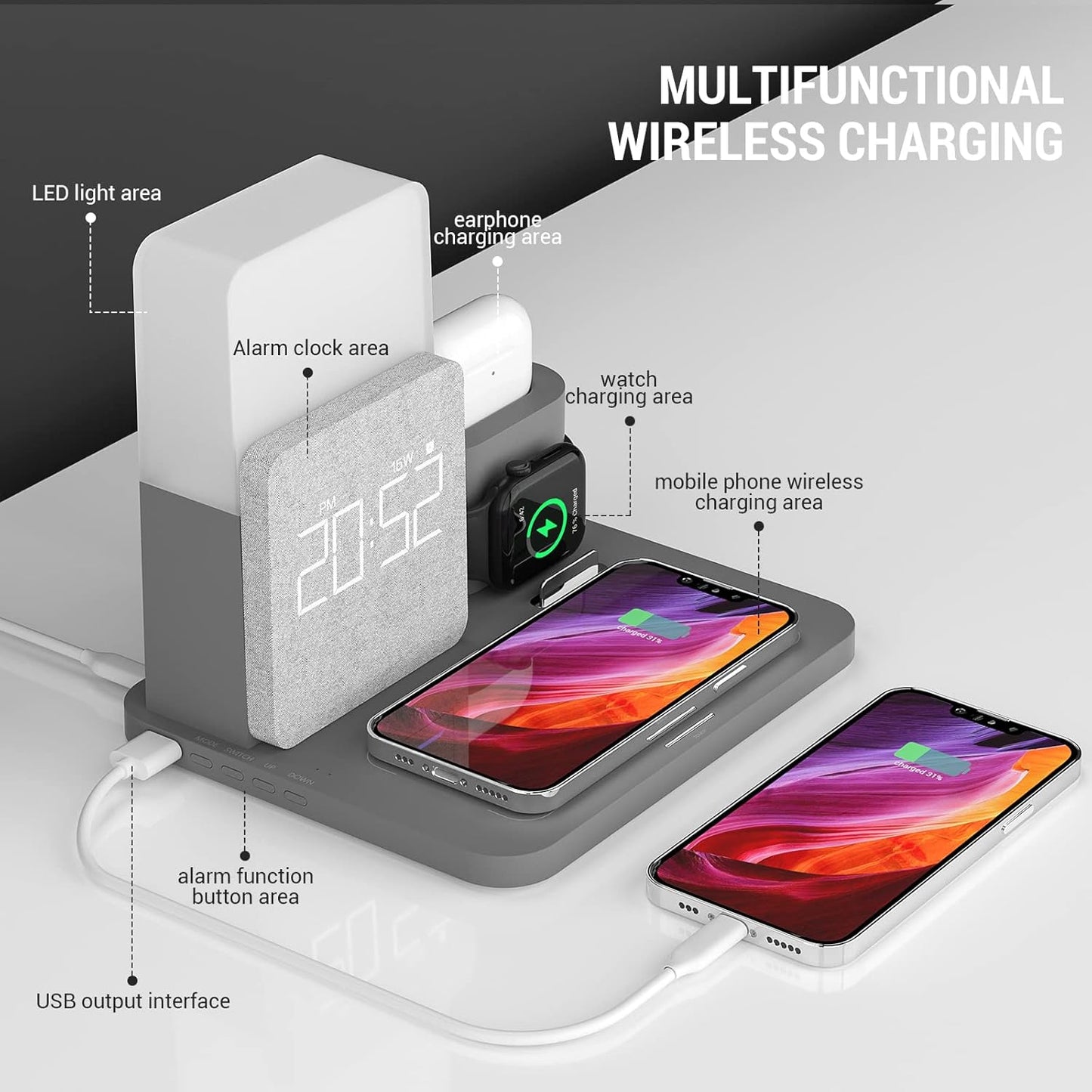 Wireless Charging Station, 3 in 1 Charging Station, Alarm Clock with Wireless Charger, Night Light, iPhone 12/13/14/15/16 Pro/13 Mini/13 Pro Max/12 pro, AirPods