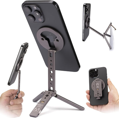 Magnetic Tripod for iPhone 12/13/14/15/16 & MagSafe Cases | Handy Phone Stand | 20 N52 Magnets Inside, Cold Shoe Mount, 1/4" Screw & Foldable Hook