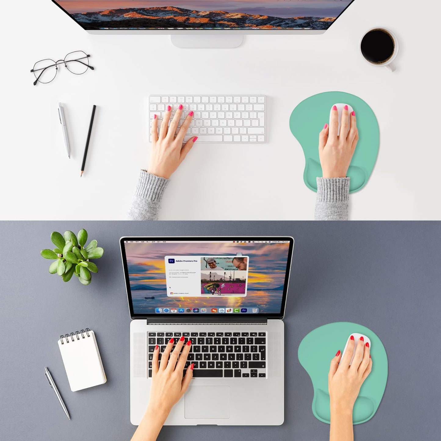 ITNRSIIET Ergonomic Mouse Pad, Cushioned Gel Wrist Rest, Non-Slip Base, Smooth Surface, Compatible with All Mice for Office & Gaming, Desk Accessory, 9.5 x 8.2 inch, Mint Green