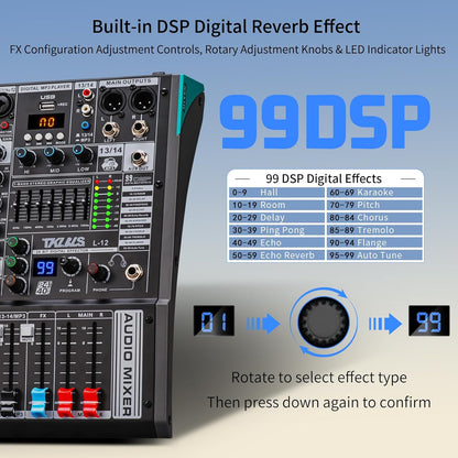 DJ Mixer, TKLBLS Professional 12 Channel Audio Mixer Board with 99-Bit DSP, Sound Board Mixing Console 7-Band EQ Output, USB Audio Interface, Bluetooth 48V Phantom Power For Karaoke Studio Streaming