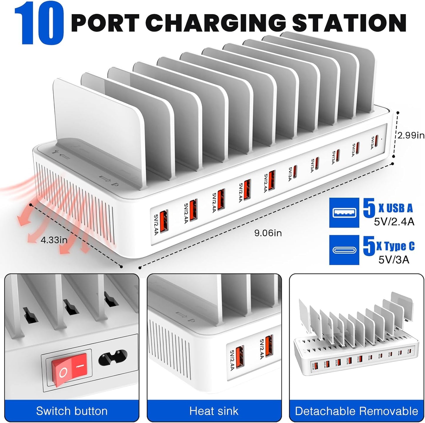 Charging Station for Multiple Devices, 100W 10 Ports Flat Plug Charging Dock with 10 Cables Smart IC Tech and Adjustable Dividers Type-C，Multi USB Charger for iPhone Galaxy iPad Tablet，White