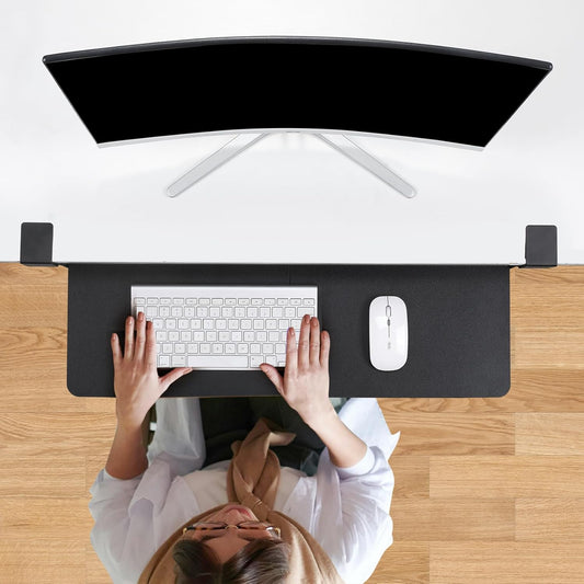 Keyboard Tray Under Desk with Drawer,26.77" X 11.81" Keyboard Tray Large Size with C Clamp-on Mount, Easy to Install, Save Space for Office Desk (Black)
