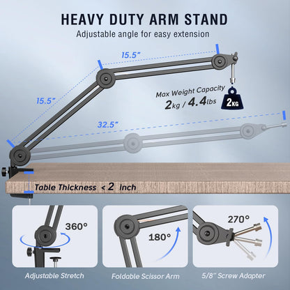FIFINE Dynamic Podcast Microphone Set with Boom Arm Stand, Studio XLR/USB Microphone for Recording Vocal Streaming, Metal Mic with Mute Tap, Headphone Jack, Heavy Duty Boom Arm-K688T
