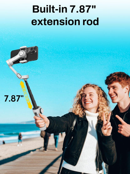 Gimbal Stabilizer for iPhone & Android, 3-Axis Phone Gimbal with OLED Screen, 7.8" Extendable Rod, Face & Gesture Tracking, Ideal for Vlogging, Travel & Video Recording-Smart V8 White