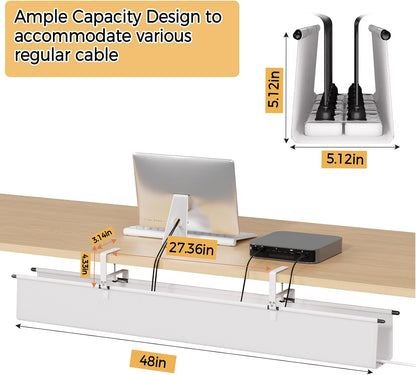 Under Desk Cable Management Tray - 48" Cord Organizer for Desk No Drill, Fabric Under Table Wire Organizer with 16X Cable Ties Hide for Office/Home, Cord Hider Fits Adapters & Sockets, White