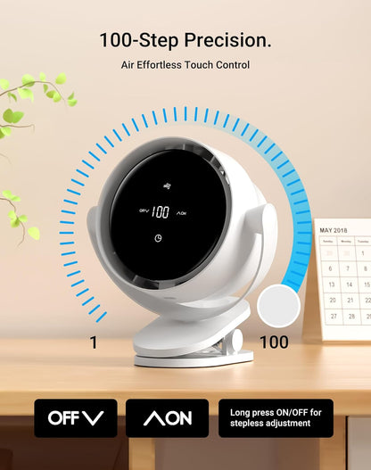Portable Desk Fan, Clip-On Rechargeable USB Fan with 100-Level Precision Control & LED Touch, 360° Rotation, Ideal for Stroller, Office, Bedroom, Kitchen, Camping – White, 7-inch