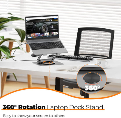 Tobenone Laptop Docking Station Stand for MacBook Pro/Air/Dell/HP/Surface/Lenovo, Mac Docking Station with 4K HDMI, USB 3.0, RJ45, PD 3.0, USB C Laptop Stand Hub for Desk with 360 Rotating Base Grey