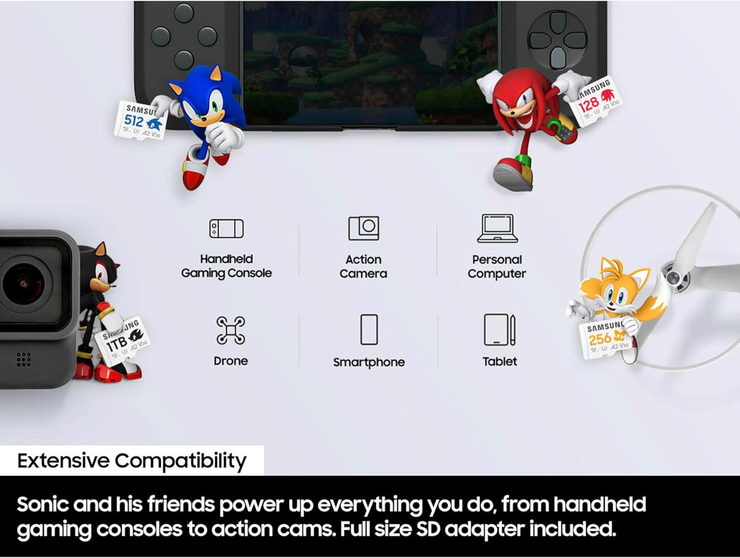 Samsung PRO Plus Sonic The Hedgehog + Adapter, 1TB microSDXC, Up-to 180MB/s, Full HD & 4K UHD, UHS-I, C10, U3, V30, A2, for Nintendo-Switch, Steam Deck, GoPRO, DJI Drone, Tablets (MB-MD1T0SA/LC1)