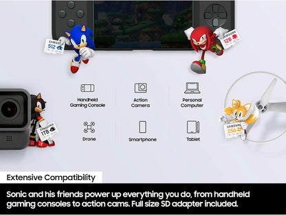 Samsung PRO Plus Sonic The Hedgehog + Adapter, 512GB microSDXC, Up-to 180MB/s, Full HD & 4K UHD, UHS-I, C10, U3, V30, A2, for Nintendo-Switch, Steam Deck, GoPRO, DJI Drone, Tablets (MB-MD512SA/LC1)