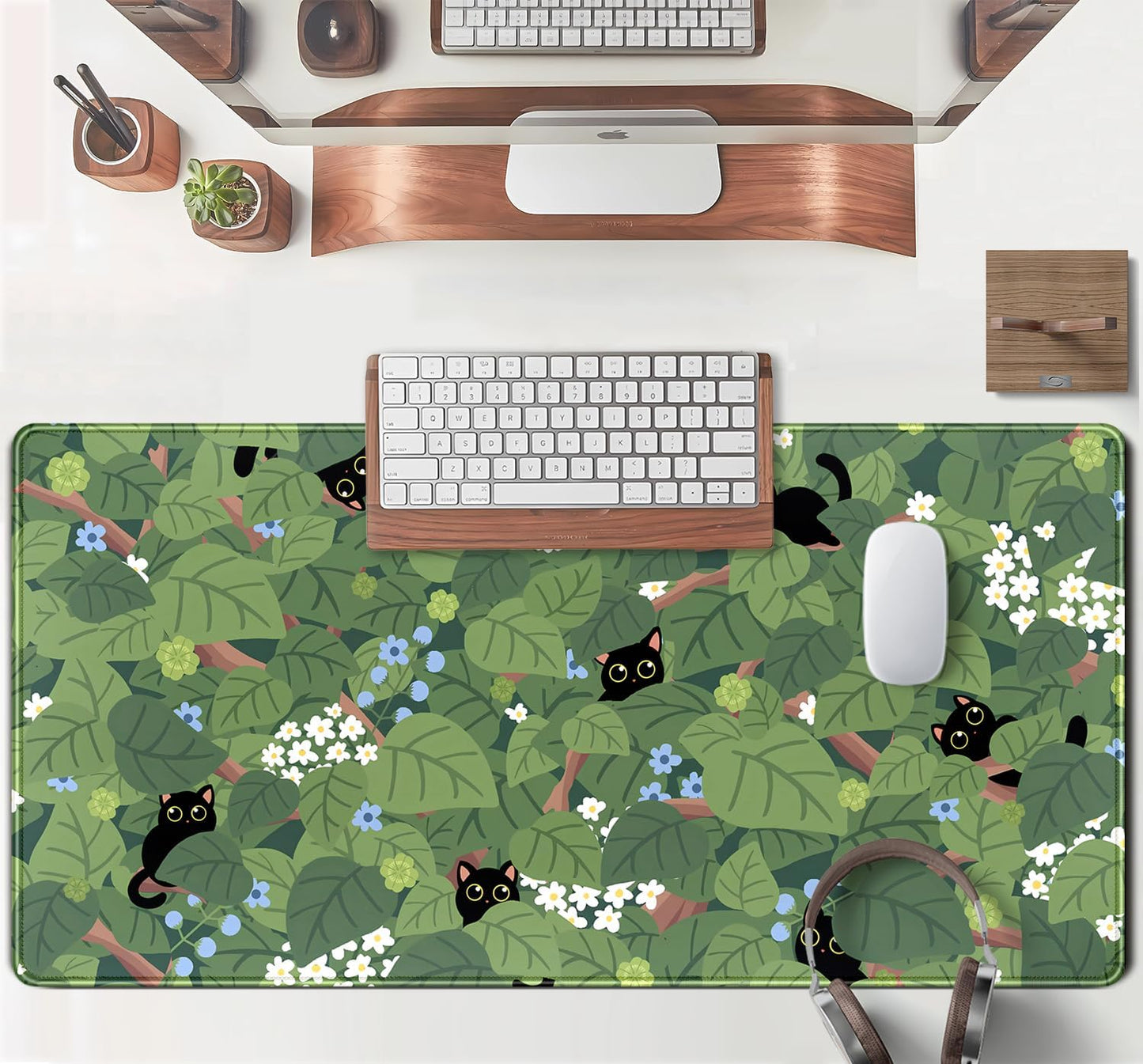 Kawaii Anime Aesthetic Black Cat Forest Plant Desk Mat, Green Sage XXL Large Extended Mouse Pad Gaming Cute Cats Desk pad, Laptop Keyboard and Mouse Mat for Women Desktop Office Decor 31.5x15.7 in