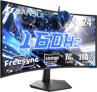 SANSUI Curved 24 Inch Gaming Monitor 160Hz FHD 1080P Computer Monitor,MPRT 1ms 1500R Fast VA Display, Freesync,HDR,3000:1 Contrast Ratio, HDMI2.0,DP1.4, VESA Compatiable(ES-G24C1L HDMI Cable Included)
