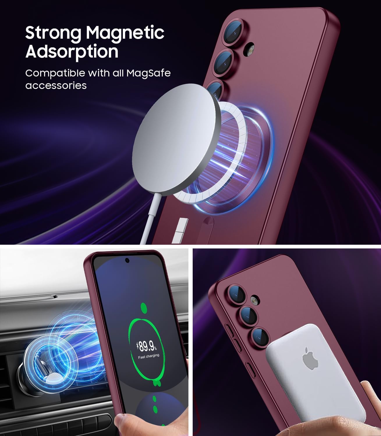 Magnetic for Samsung Galaxy S24 FE Case [Compatible with MagSafe][Built-in Camera Lens Protector] Slim Soft Silicone Bumper Shockproof Metallic Luster Phone Cover (Burgundy)