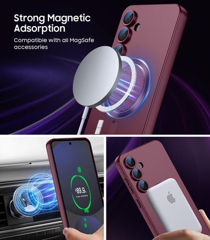 Magnetic for Samsung Galaxy S24 FE Case [Compatible with MagSafe][Built-in Camera Lens Protector] Slim Soft Silicone Bumper Shockproof Metallic Luster Phone Cover (Burgundy)