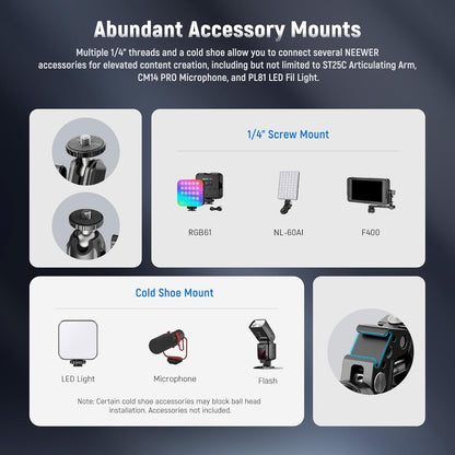 NEEWER Super Clamp with 3" Dual Ballhead Magic Arm, Ball Head Adapter, Cold Shoe, Phone Holder, Action Camera Clamp Mount for Flat/Round Surface Compatible with GoPro DJI iPhone 15 Pro Max, ST85