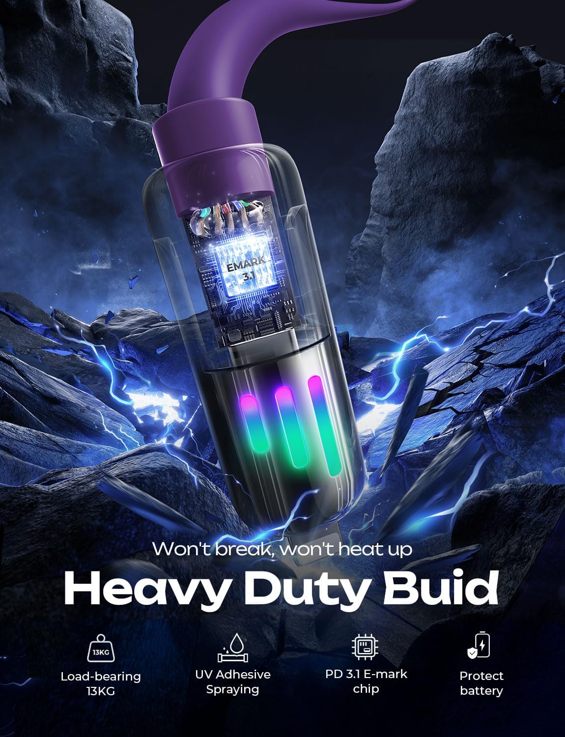 LISEN 240W Chubby USB C to USB C, 4 in 1 Charging Cable (6.6FT) with Light, USB A/C to C/L Multi Charging Cable for iPhone 16 15 14 Pro Max/MacBook/iPad Pro/SamSungS24,Purple