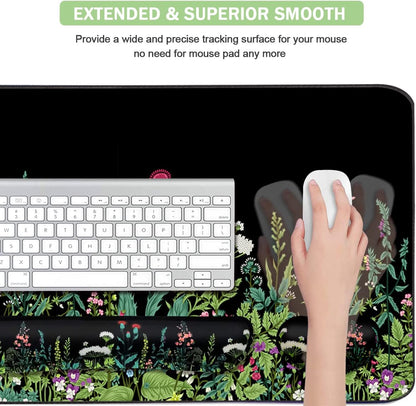 Keyboard Mouse Pad Set, Extended Mouse Pad+Keyboard Wrist Rest Support, Memory Foam Ergonomic Easy Typing, 3Pcs (35.4×15.7 in) Desk Pad Set for Home Office Study Game - Weeds