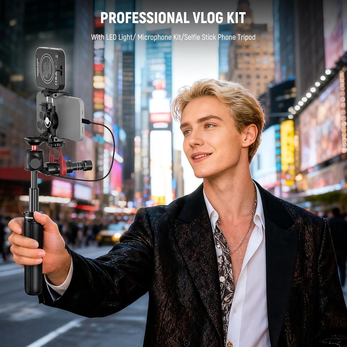 NEEWER Basics PA050 Vlogging Kit for iPhone Android Phone for YouTube TikTok Streaming Video Recording, Selfie Stick Tripod + Microphone + LED Fill Light, Youtuber Starter Content Creator Essentials