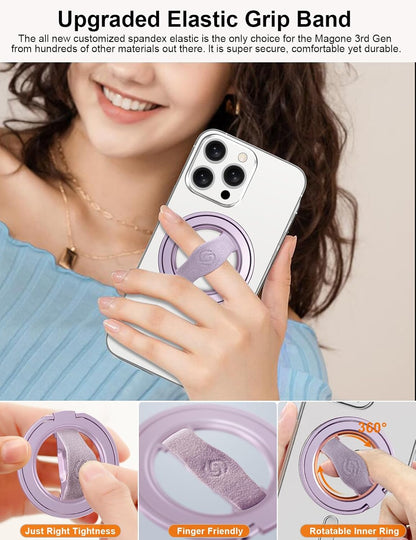 EWA MagOne 3rd Gen [Compatible with MagSafe] Phone Grip Stand with Finger Strap, Removable Magnetic Ring Holder Kickstand Loop for iPhone 16,15, 14, 13, 12 Series-(Purple)