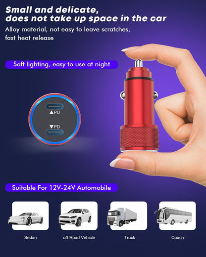 Fast Car Charger for iPhone 16,USB C Charging iPhone 2Pack Dual USB C Port Car Charger Block Cigarette Lighter Adapter Plug with Woven Braided USB C to USB C Cord for iPhone 16/16 Pro/15/iPad(Red)