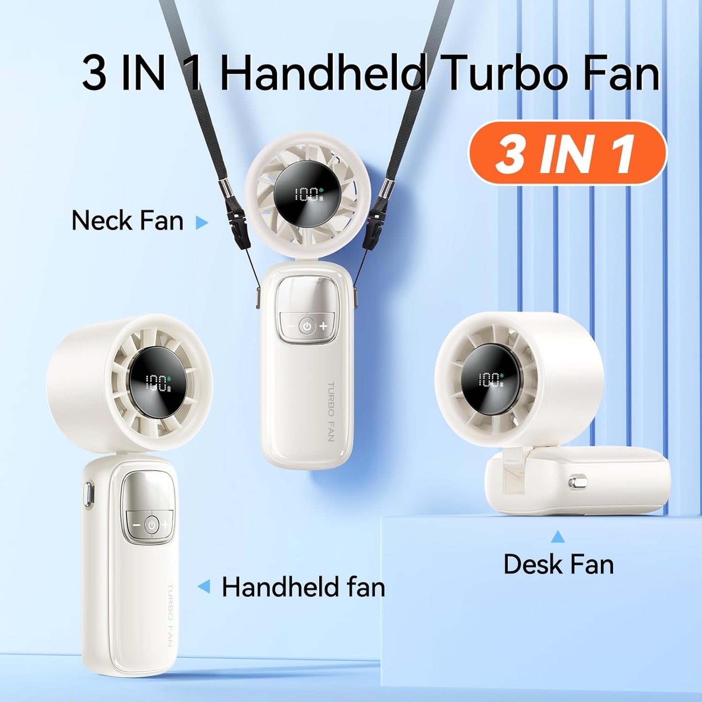 3-in-1 Portable Handheld Turbo Fan-100 Speeds, 15000 RPM, 10Hrs Cooling, LED Display, 90° Rotation, USB Rechargeable Battery Powered, Mini Foldable Hand Held Personal Fan for Women Men (white)