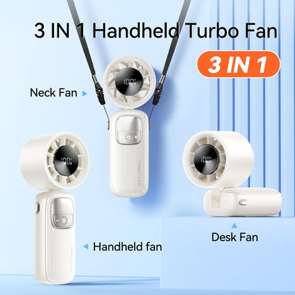 3-in-1 Portable Handheld Turbo Fan-100 Speeds, 15000 RPM, 10Hrs Cooling, LED Display, 90° Rotation, USB Rechargeable Battery Powered, Mini Foldable Hand Held Personal Fan for Women Men (white)