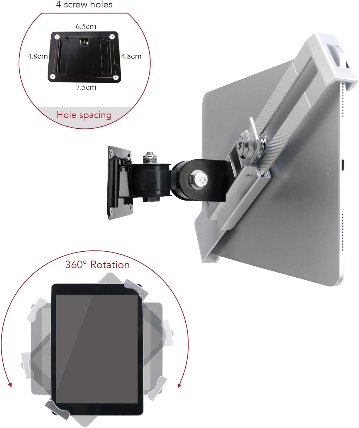 Tablet Wall Mount Holder with Anti Theft Lock,Rotate Design,Multi Angle,Bracket for Most 8 to 10.4 Inch,and for iPad 7.9" 8.3" 9.7" 10.2" 10.5" 10.9"& 11",Galaxy tab,& More,(Silver)
