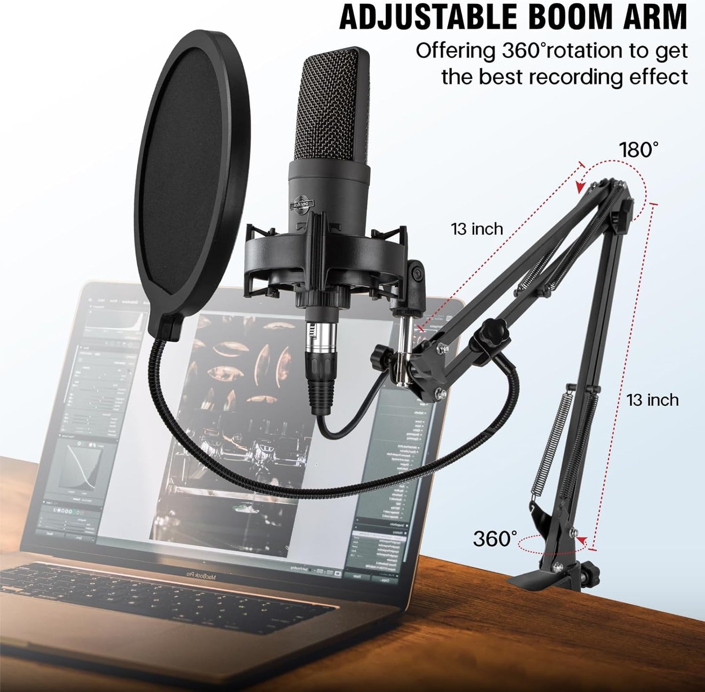Condenser Microphone XLR Professional Studio Recording Microphone Kit for PC Computer with Boom Arm,Cardioid XLR Podcast Microphone for Streaming,Gaming,Singing,Voice Over,ASMR,YouTube