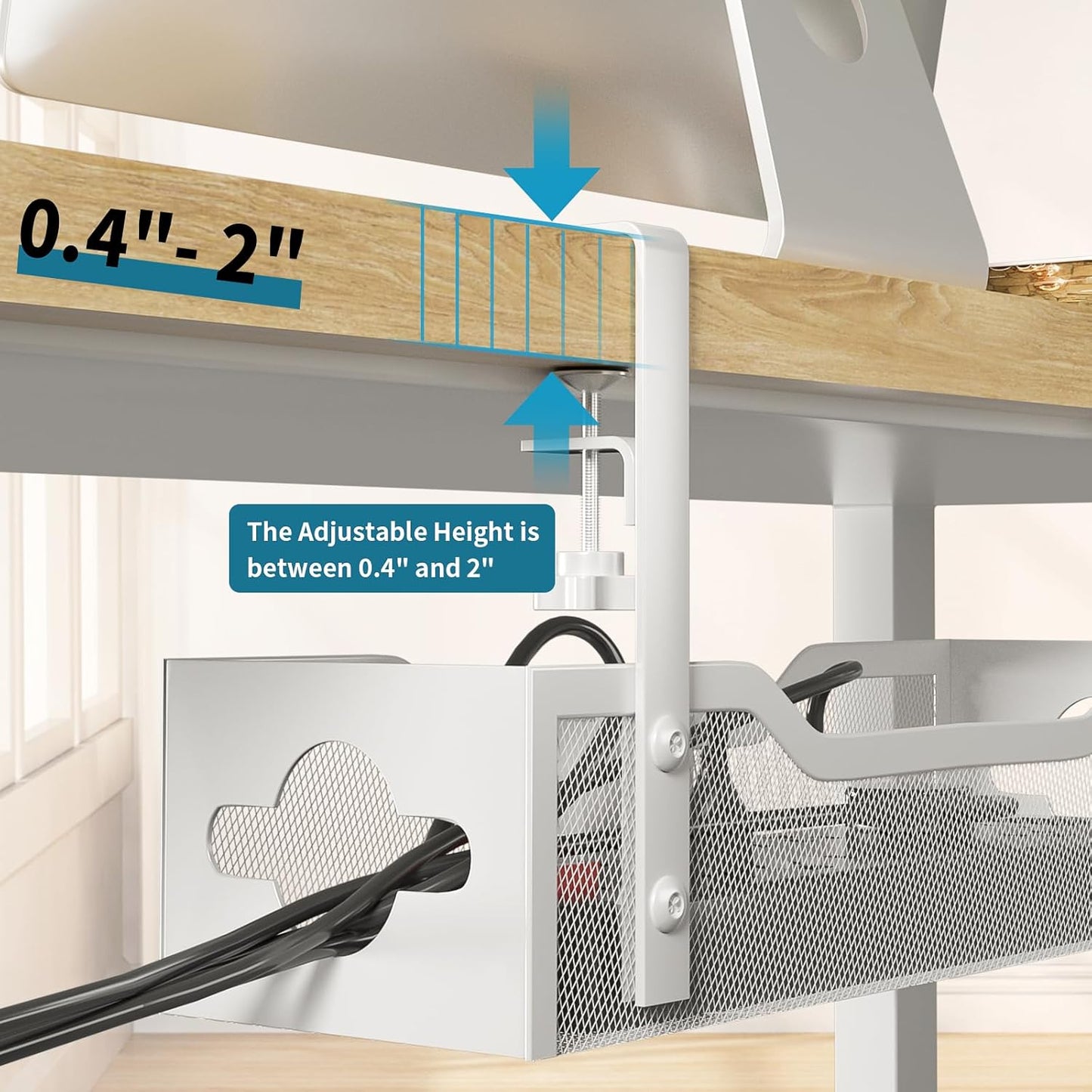 Under Desk Cable Management Tray White, Litwaro Cable Management Under Desk No Drill, Cable Organizer with Clamp for Wire Management, Cord Organizer for Office, Home No Damage to Desk