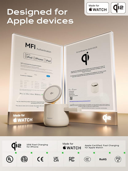 MFI Certified by Apple, 4 in 1 Magsafe Wireless Charging Station, Qi2 15W Magsafe Charger for iPhone 17/16/15/14/13/12 Series, iWatch, Airpods, iPad, 65W Charger Included (Sand, 4 in 1)