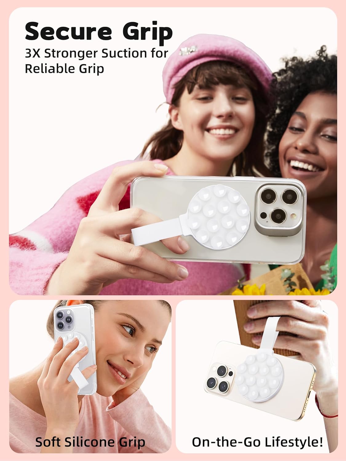 Magnetic Suction Phone Case Mount, Silicone Suction Cup Grip Stand for MagSafe Case, Hands-Free Phone Holder for iPhone 16/15/14 Pro Max, TikTok Videos, Selfies, Women Gift (Light Pink)911001A (White)