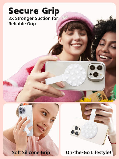 Magnetic Suction Phone Case Mount, Silicone Suction Cup Grip Stand for MagSafe Case, Hands-Free Phone Holder for iPhone 16/15/14 Pro Max, TikTok Videos, Selfies, Women Gift (Light Pink)911001A (White)