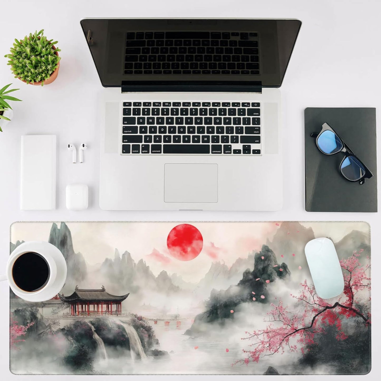 Mouse Pad Large Chinese Landscape Painting Non-Slip Game Desk Mat with Stitched Edge Laptop Keyboard Desk Pad for Work Home Gaming (35.4 x 15.7 Inches)