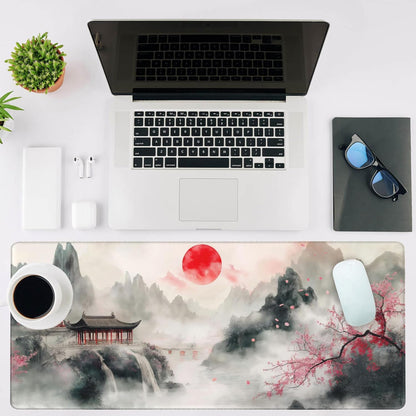 Mouse Pad Large Chinese Landscape Painting Non-Slip Game Desk Mat with Stitched Edge Laptop Keyboard Desk Pad for Work Home Gaming (35.4 x 15.7 Inches)